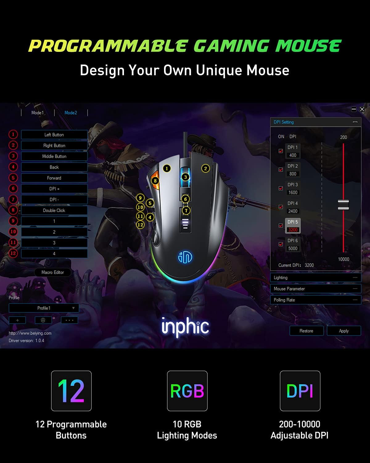 Wired RGB Gaming Mouse, High Performance USB Ergonomic Computer Mouse, 12 Programmable Buttons, 5000 DPI Optical, Chroma LED Backlight, Adjustable Weight MMO Gamer Mice for PC Desktop