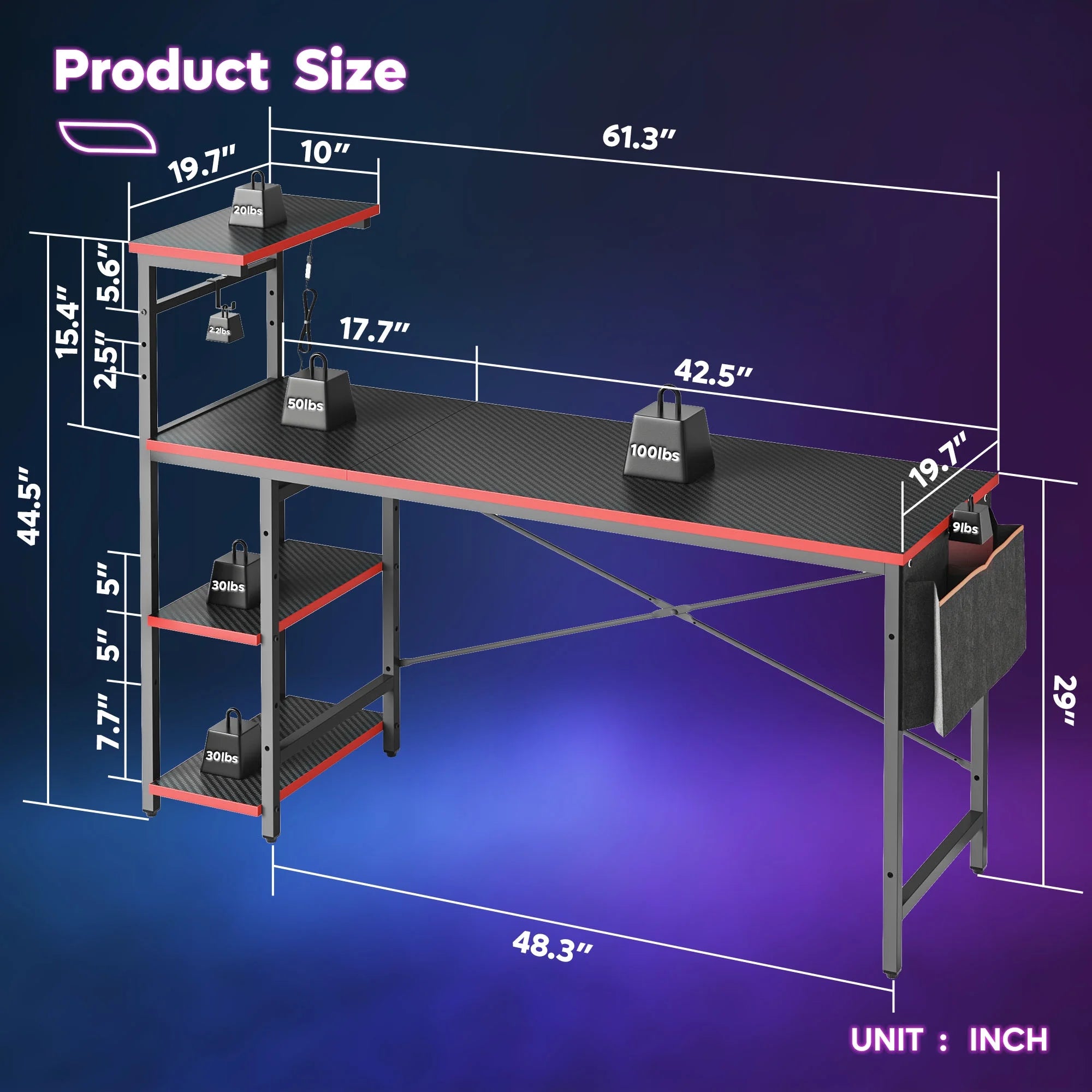 61" Reversible Gaming Desk with PC Shelf Computer Desk with LED Light Carbon Fiber
