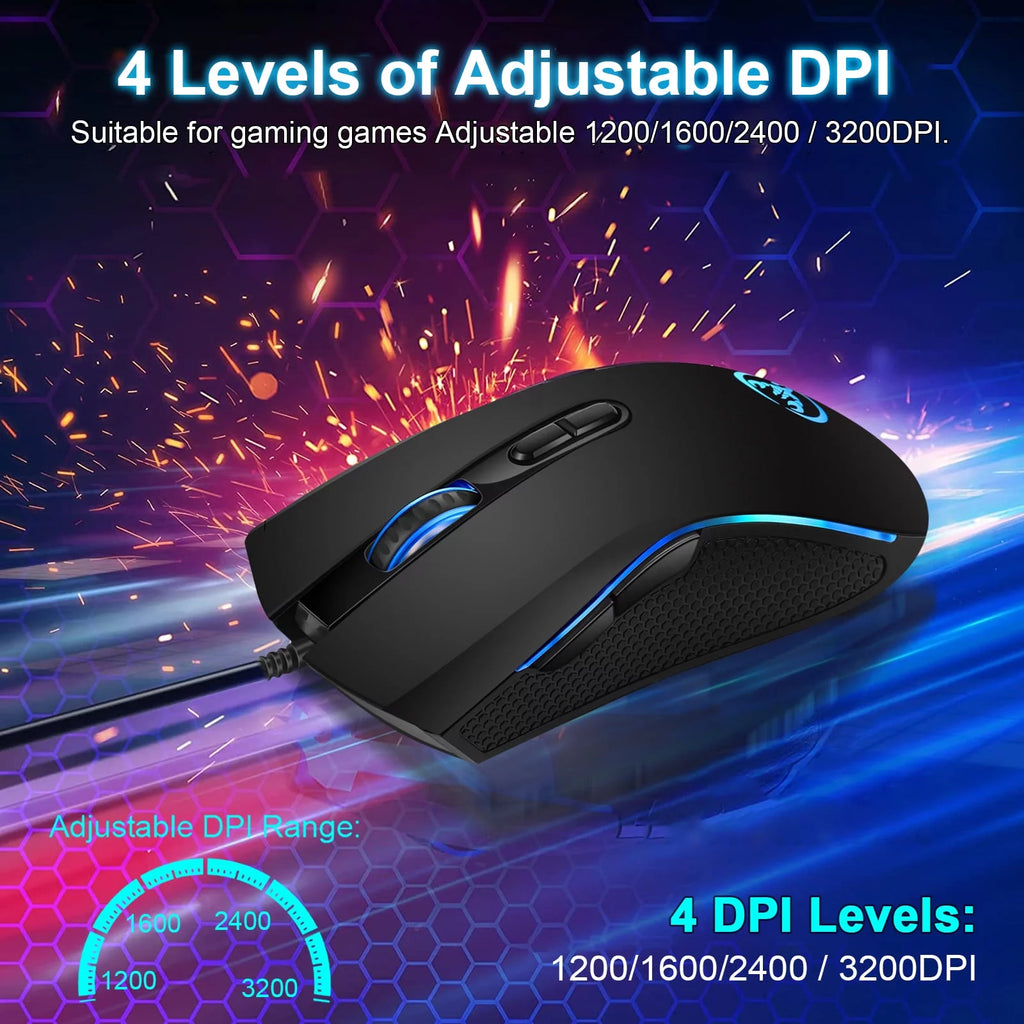 Gaming Mouse Wired, USB Computer Mouse with 4 Adjustable DPI, RGB Backlit LED, Side Buttons, Ergonomic Optical Mice for PC, Laptop, Windows, Mac, Vista, Linux, Gamer