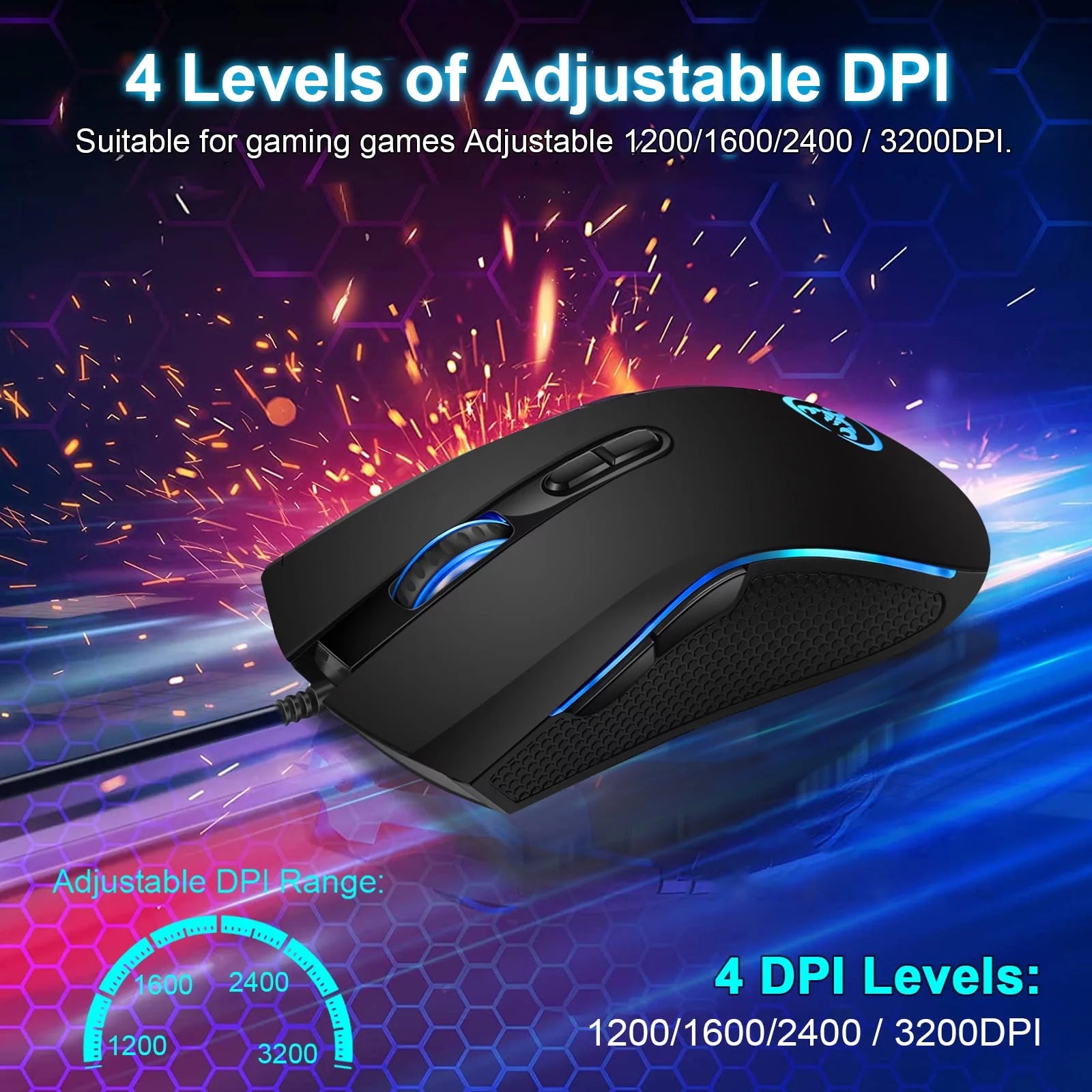 Gaming Mouse Wired, USB Computer Mouse with 4 Adjustable DPI, RGB Backlit LED, Side Buttons, Ergonomic Optical Mice for PC, Laptop, Windows, Mac, Vista, Linux, Gamer