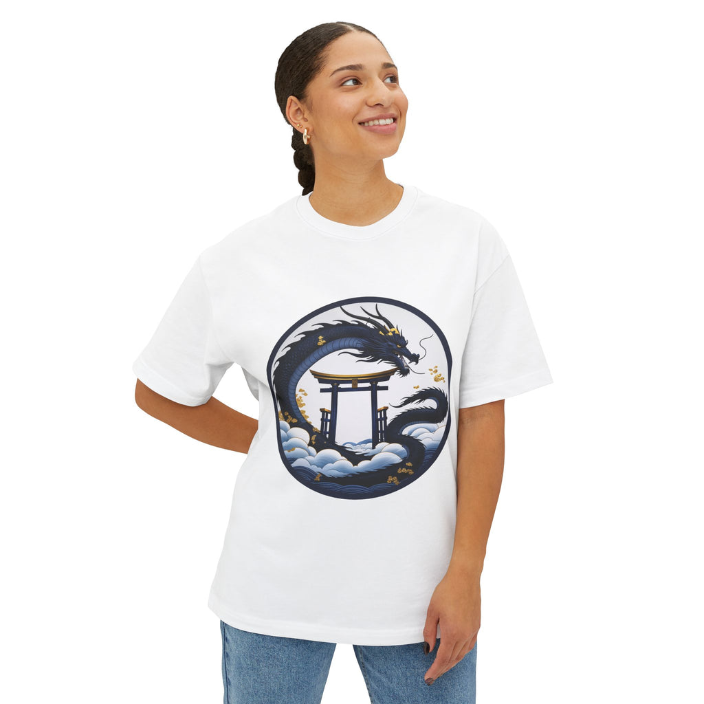 Dragon Shrine Oversized Tee — Japanese Ukiyo-e Dragon Torii Graphic Boxy T-Shirt