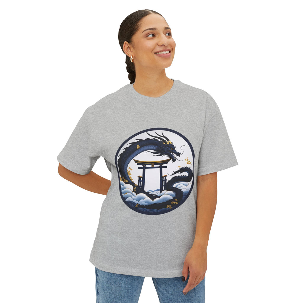 Dragon Shrine Oversized Tee — Japanese Ukiyo-e Dragon Torii Graphic Boxy T-Shirt