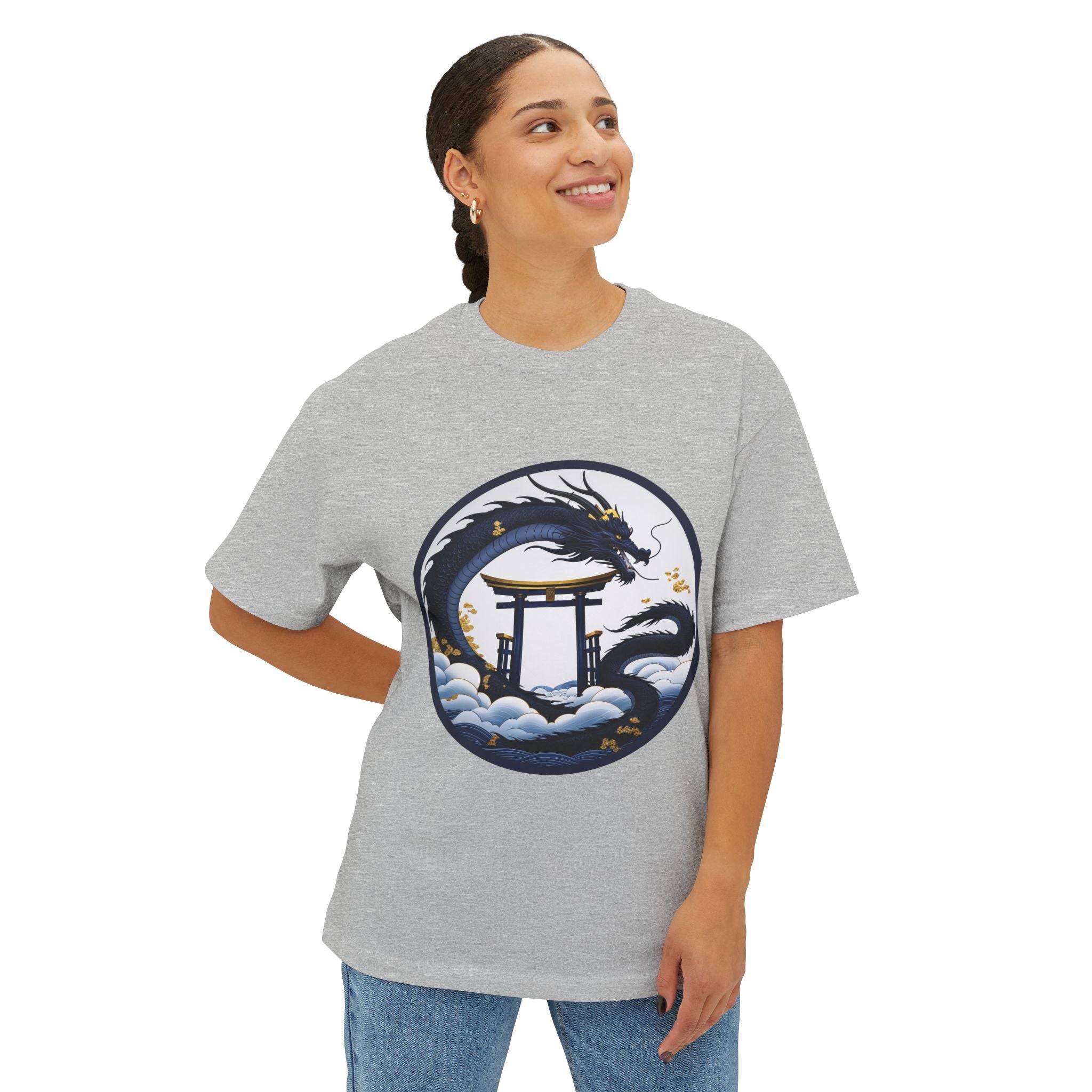 Dragon Shrine Oversized Tee — Japanese Ukiyo-e Dragon Torii Graphic Boxy T-Shirt