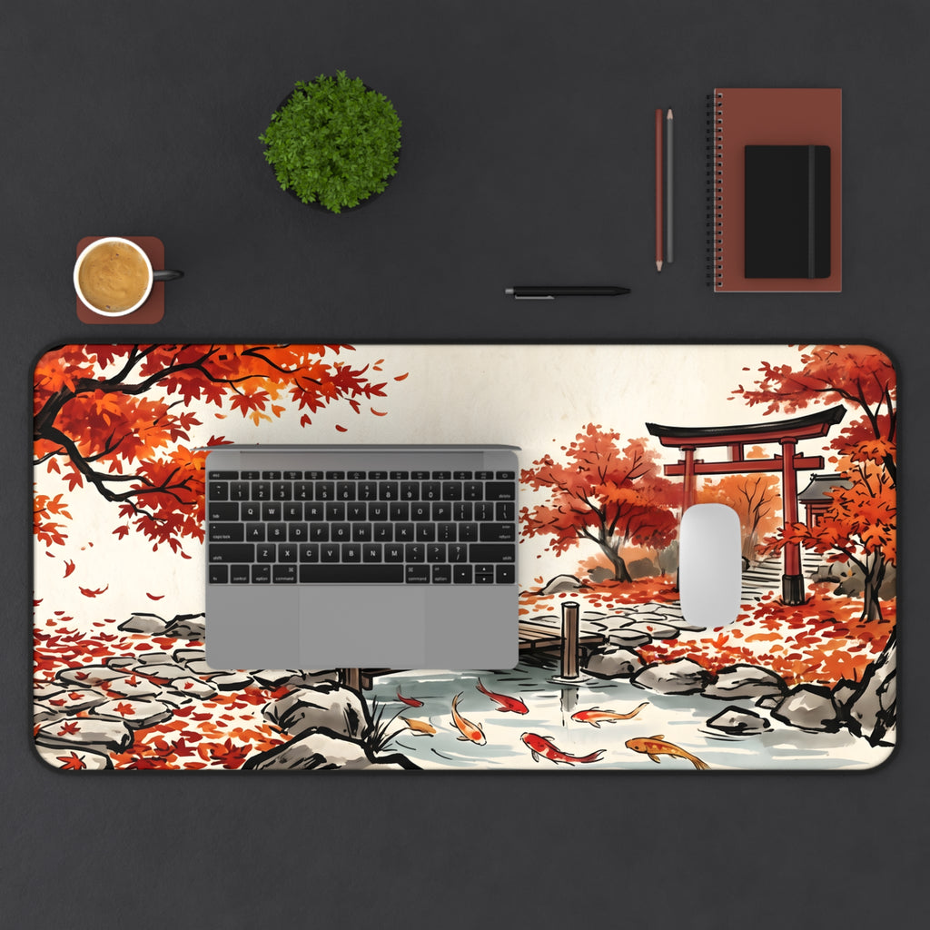 Autumn Japanese Garden Desk Mat — Koi Pond & Torii Desk Pad