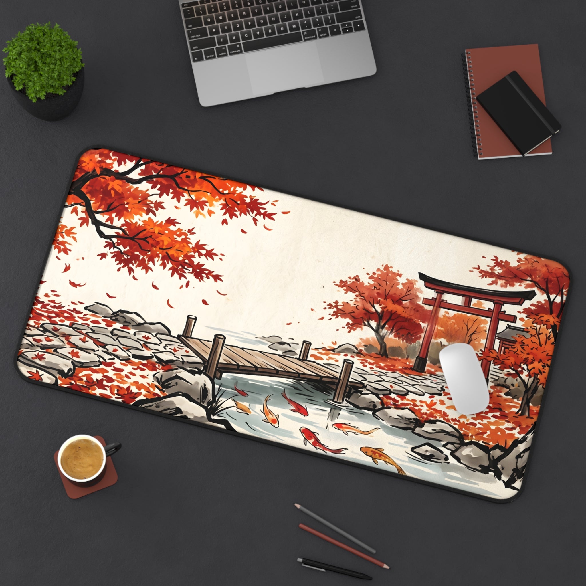 Autumn Japanese Garden Desk Mat — Koi Pond & Torii Desk Pad
