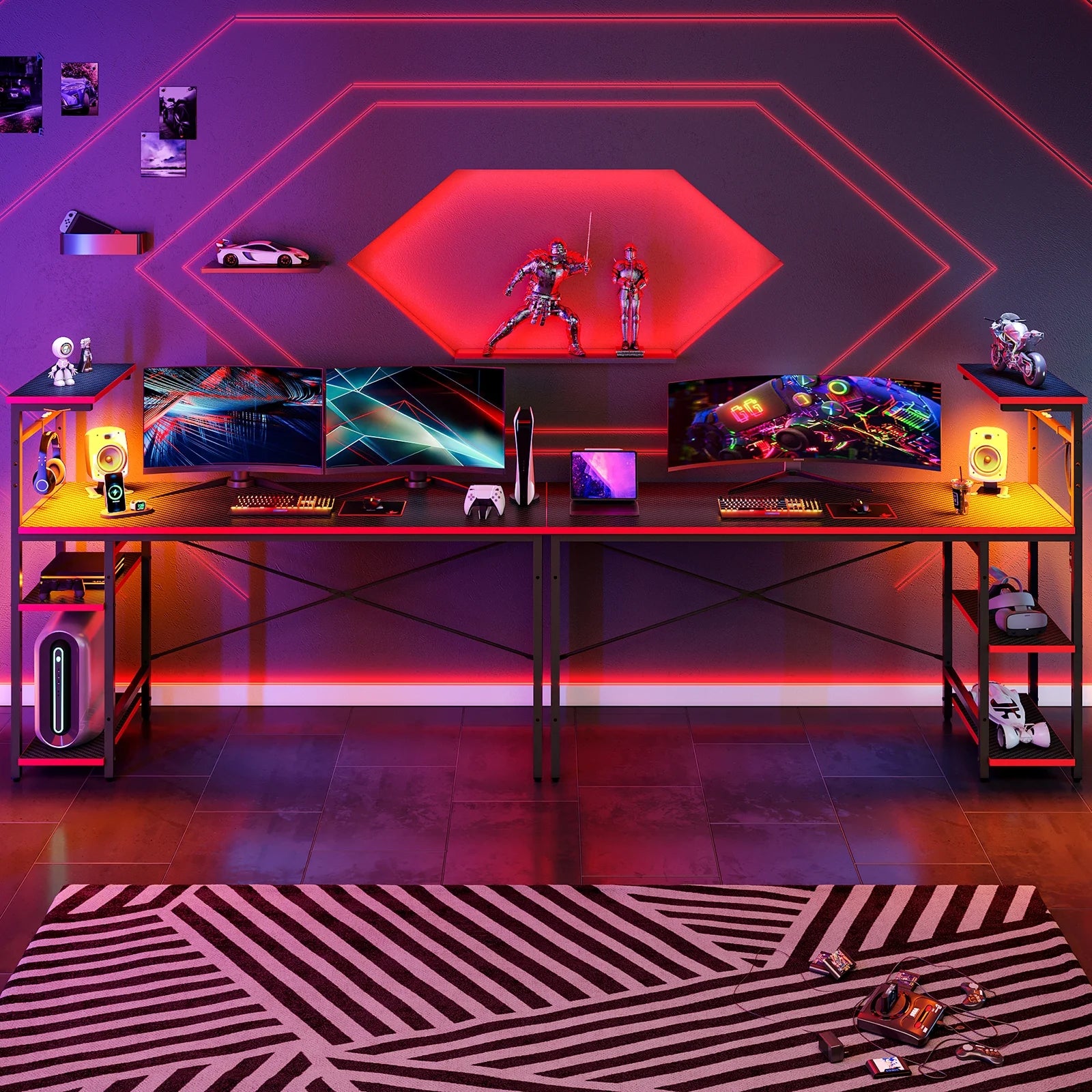 61" Reversible Gaming Desk with PC Shelf Computer Desk with LED Light Carbon Fiber