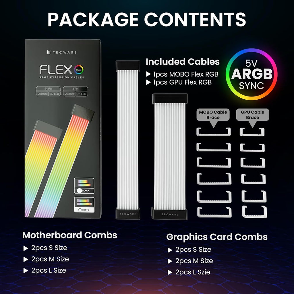 Flex RGB Cable Cover Kit | Compatible with 24-Pin Motherboard and 8-Pin/16-Pin GPU | ARGB PSU Cable Extension with 5V 3-Pin Sync | RGB Lighting Kit for PC Cables | Black