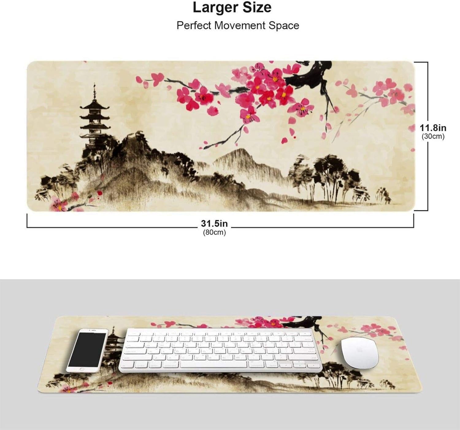 Japanese Watercolor Mountain Gaming Mouse Pad XL, Extended Large Mouse Mat Desk Pad, Stitched Edges Mousepad, Long Rubber Base Mice Pad, 31.5 X 11.8 Inch
