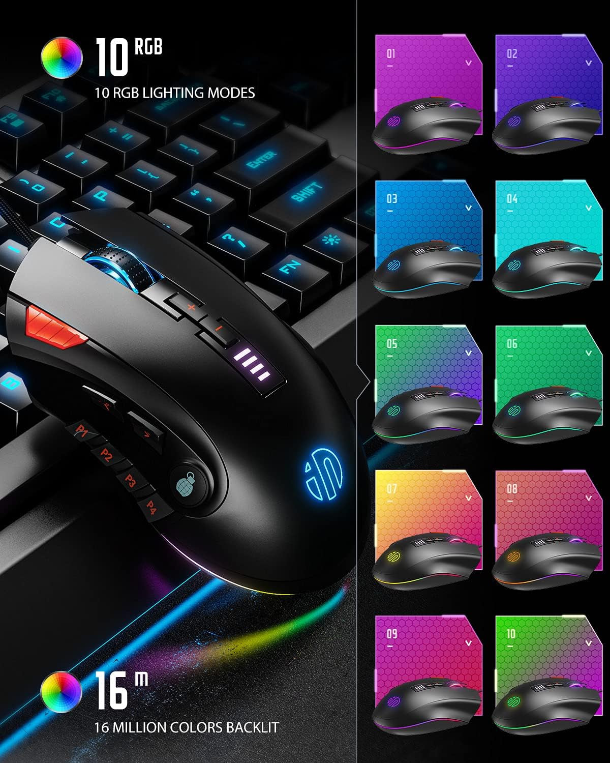Wired RGB Gaming Mouse, High Performance USB Ergonomic Computer Mouse, 12 Programmable Buttons, 5000 DPI Optical, Chroma LED Backlight, Adjustable Weight MMO Gamer Mice for PC Desktop