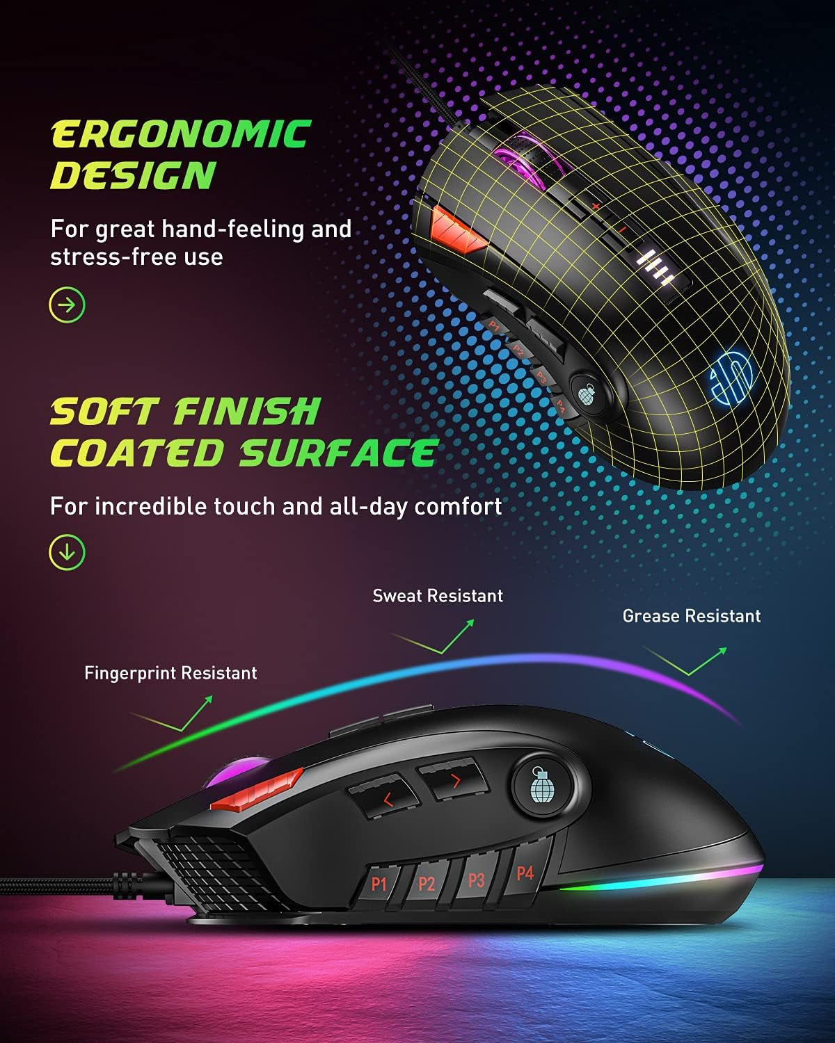 Wired RGB Gaming Mouse, High Performance USB Ergonomic Computer Mouse, 12 Programmable Buttons, 5000 DPI Optical, Chroma LED Backlight, Adjustable Weight MMO Gamer Mice for PC Desktop
