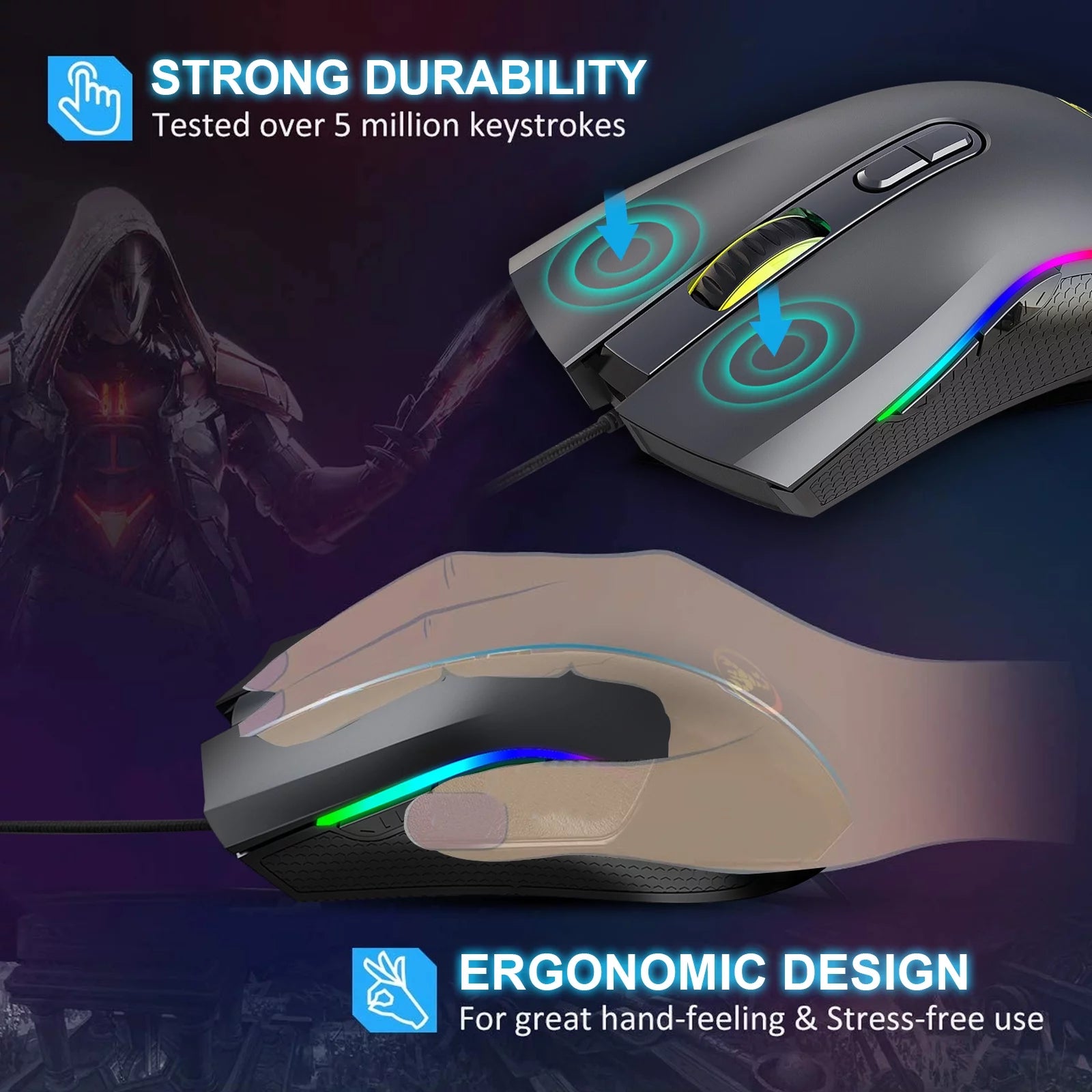 Gaming Mouse Wired, USB Computer Mouse with 4 Adjustable DPI, RGB Backlit LED, Side Buttons, Ergonomic Optical Mice for PC, Laptop, Windows, Mac, Vista, Linux, Gamer