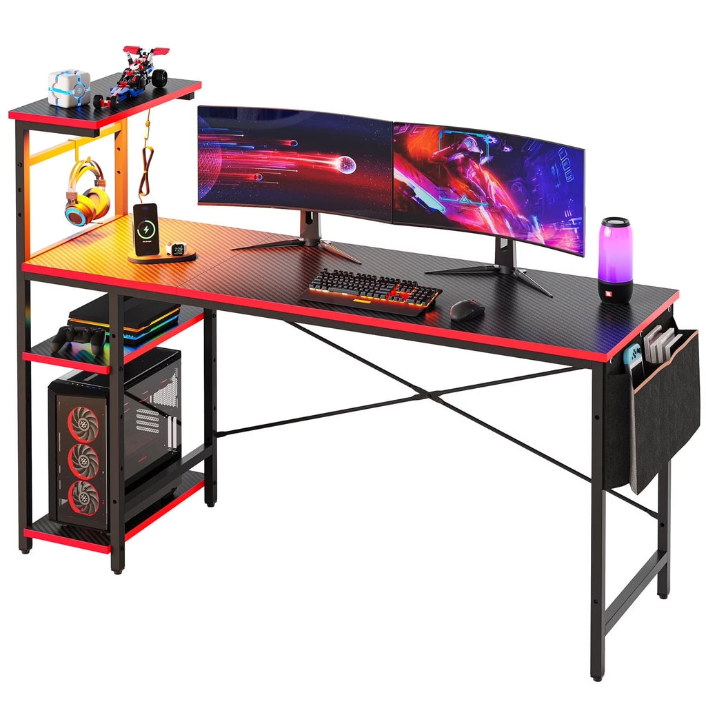 61" Reversible Gaming Desk with PC Shelf Computer Desk with LED Light Carbon Fiber