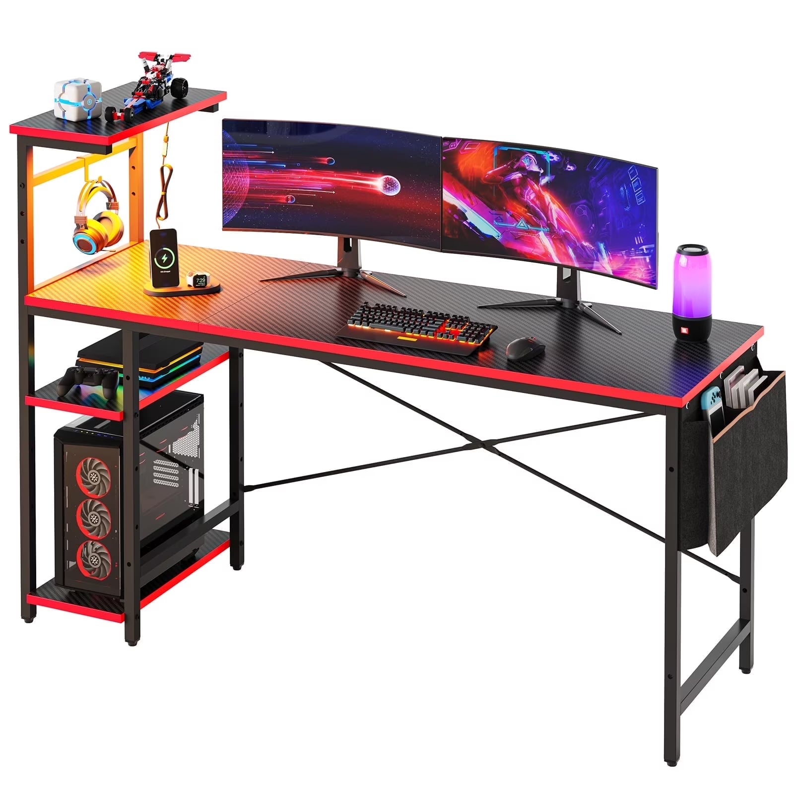 61" Reversible Gaming Desk with PC Shelf Computer Desk with LED Light Carbon Fiber