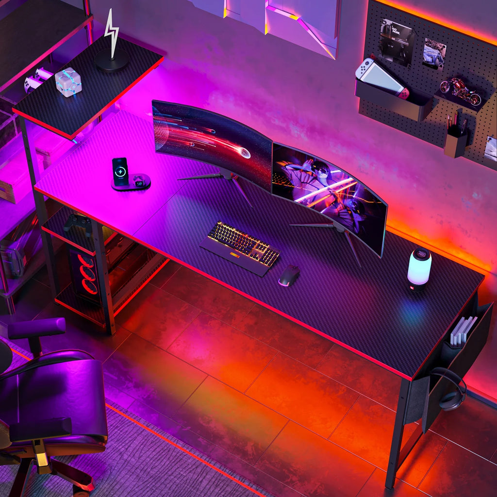 61" Reversible Gaming Desk with PC Shelf Computer Desk with LED Light Carbon Fiber