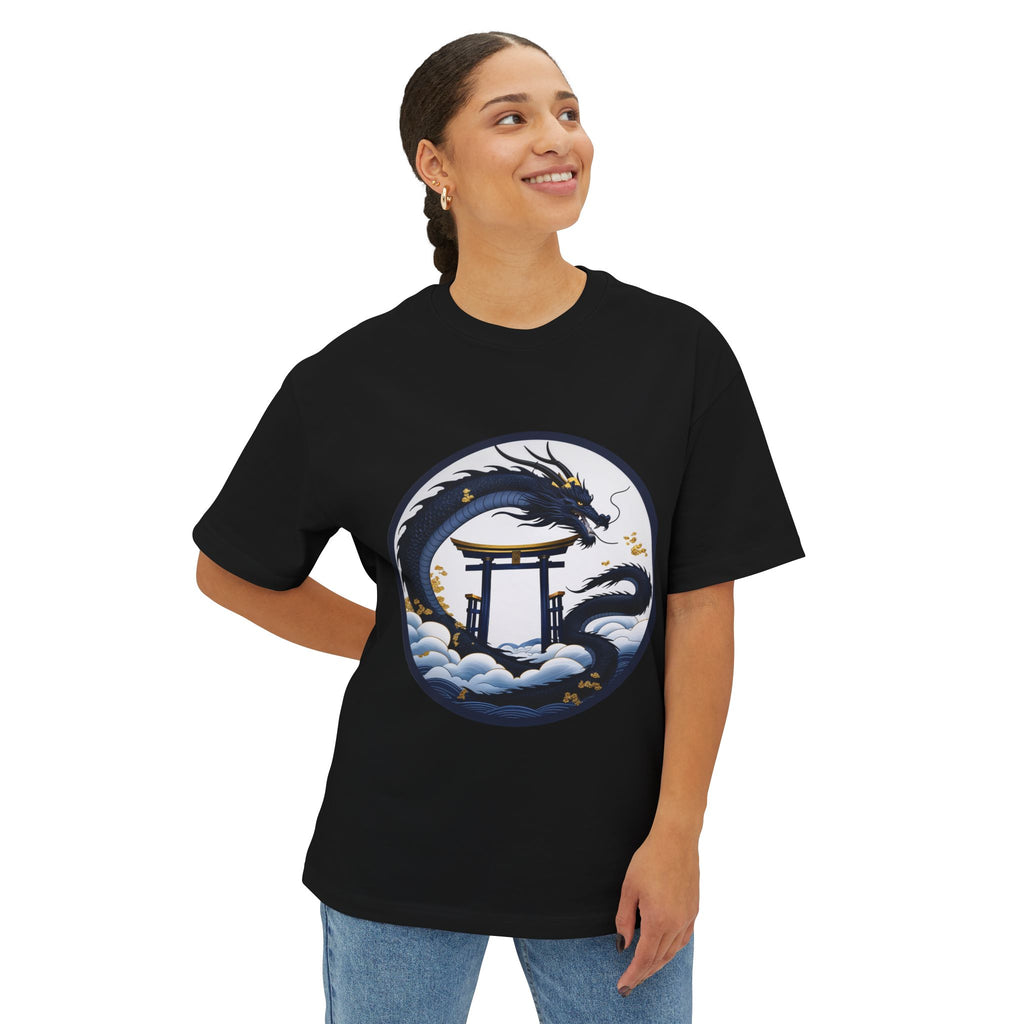 Dragon Shrine Oversized Tee — Japanese Ukiyo-e Dragon Torii Graphic Boxy T-Shirt