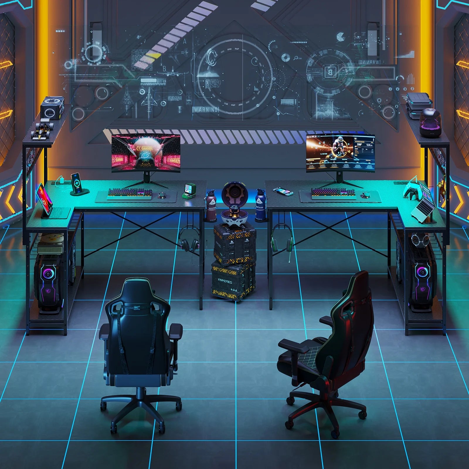 51-Inch L-Shaped Gaming Desk with Power Outlets, LED Workstation, 4-Tier Shelves, Carbon Fiber Finish