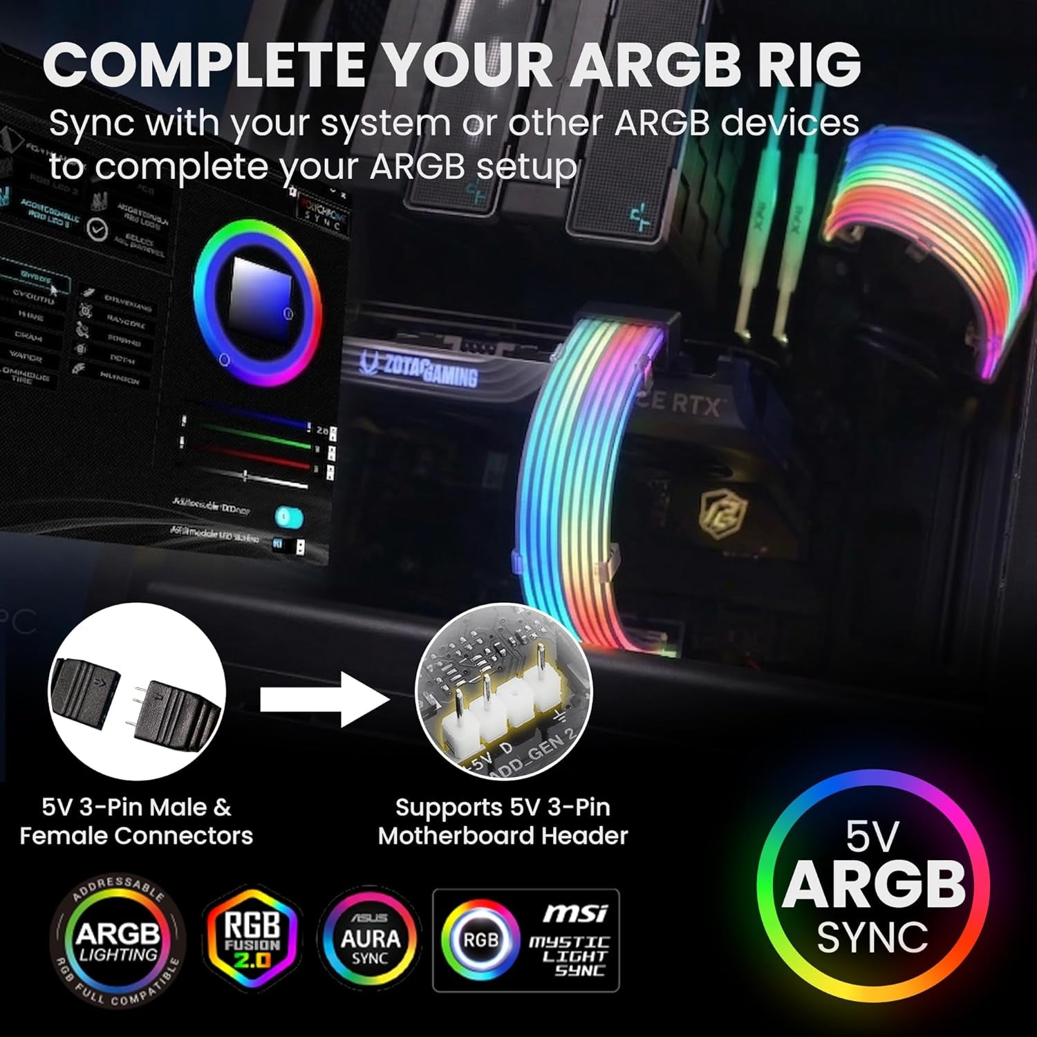 Flex RGB Cable Cover Kit | Compatible with 24-Pin Motherboard and 8-Pin/16-Pin GPU | ARGB PSU Cable Extension with 5V 3-Pin Sync | RGB Lighting Kit for PC Cables | Black