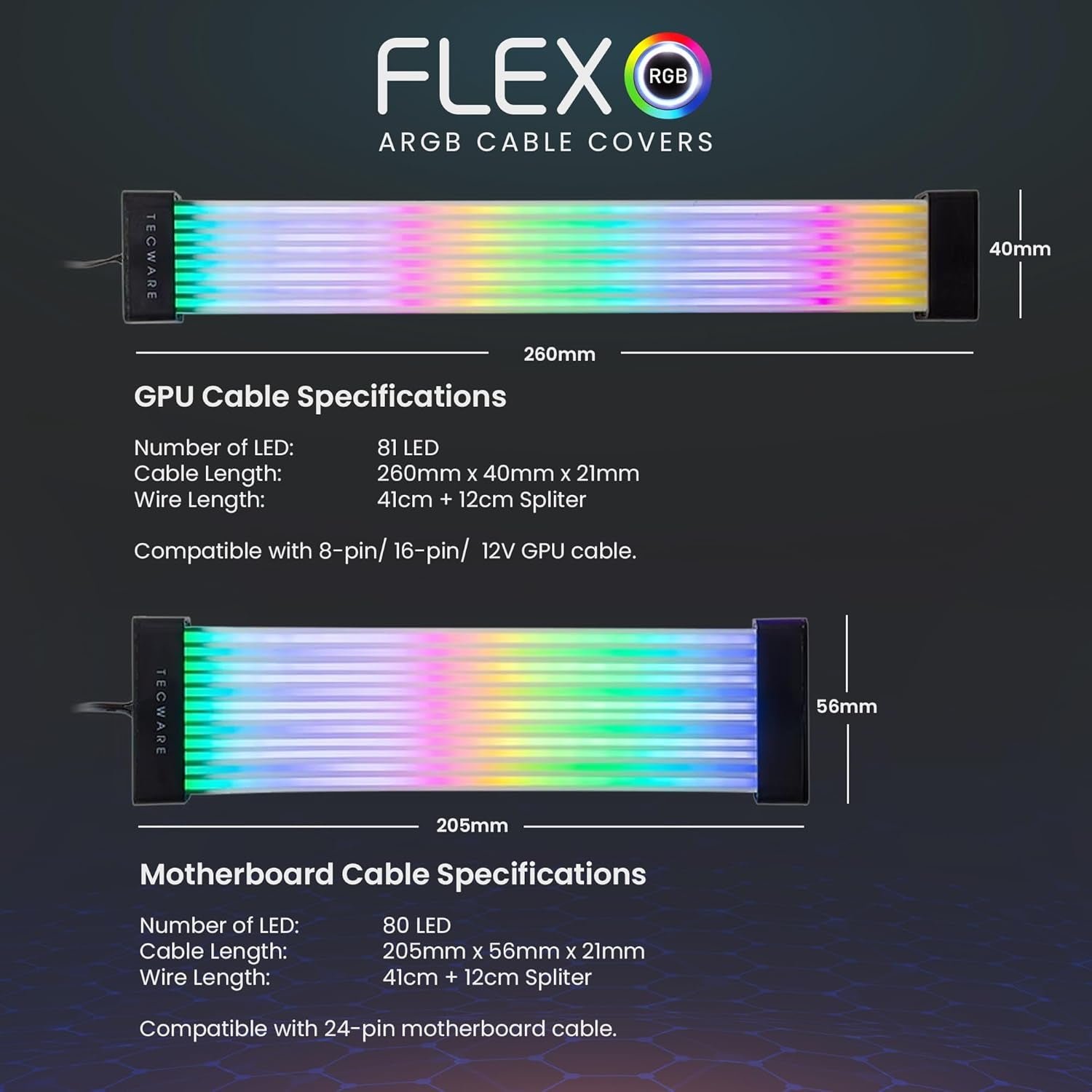 Flex RGB Cable Cover Kit | Compatible with 24-Pin Motherboard and 8-Pin/16-Pin GPU | ARGB PSU Cable Extension with 5V 3-Pin Sync | RGB Lighting Kit for PC Cables | Black