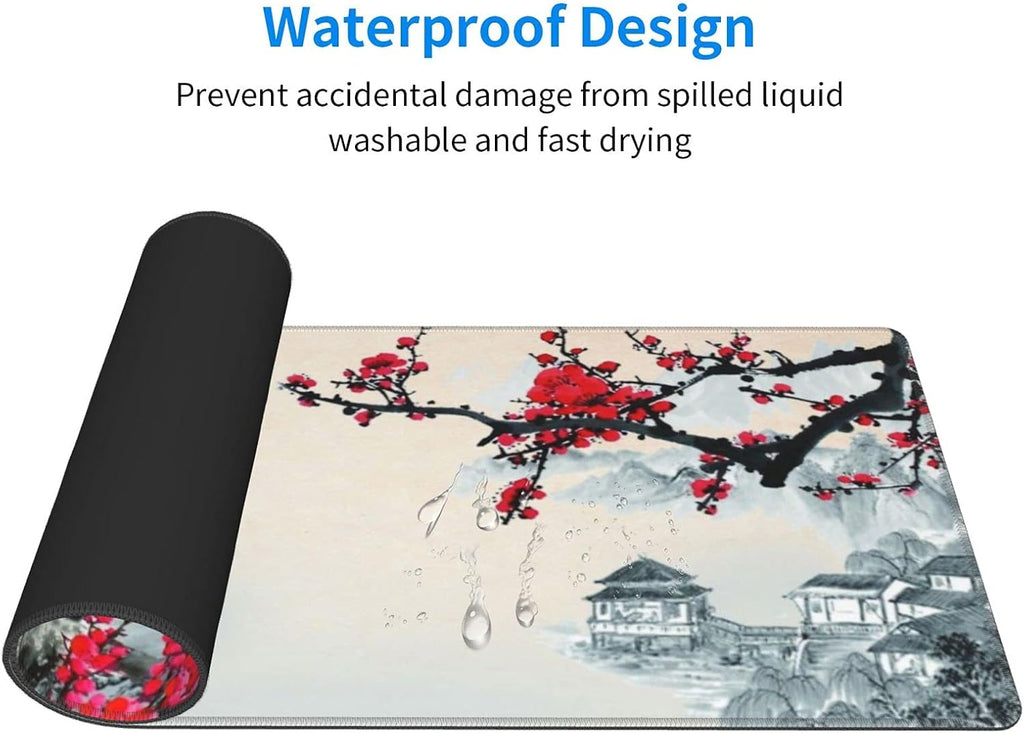 Sakura Watercolour Cherry Blossom Gaming Mouse Pad 31.5×11.8Inch with Stitched Edges Extended Waterproof Desk Pads Non-Slip Rubber Base Large Keyboard Mat Computer Game Mousepad for Work/Office/Home
