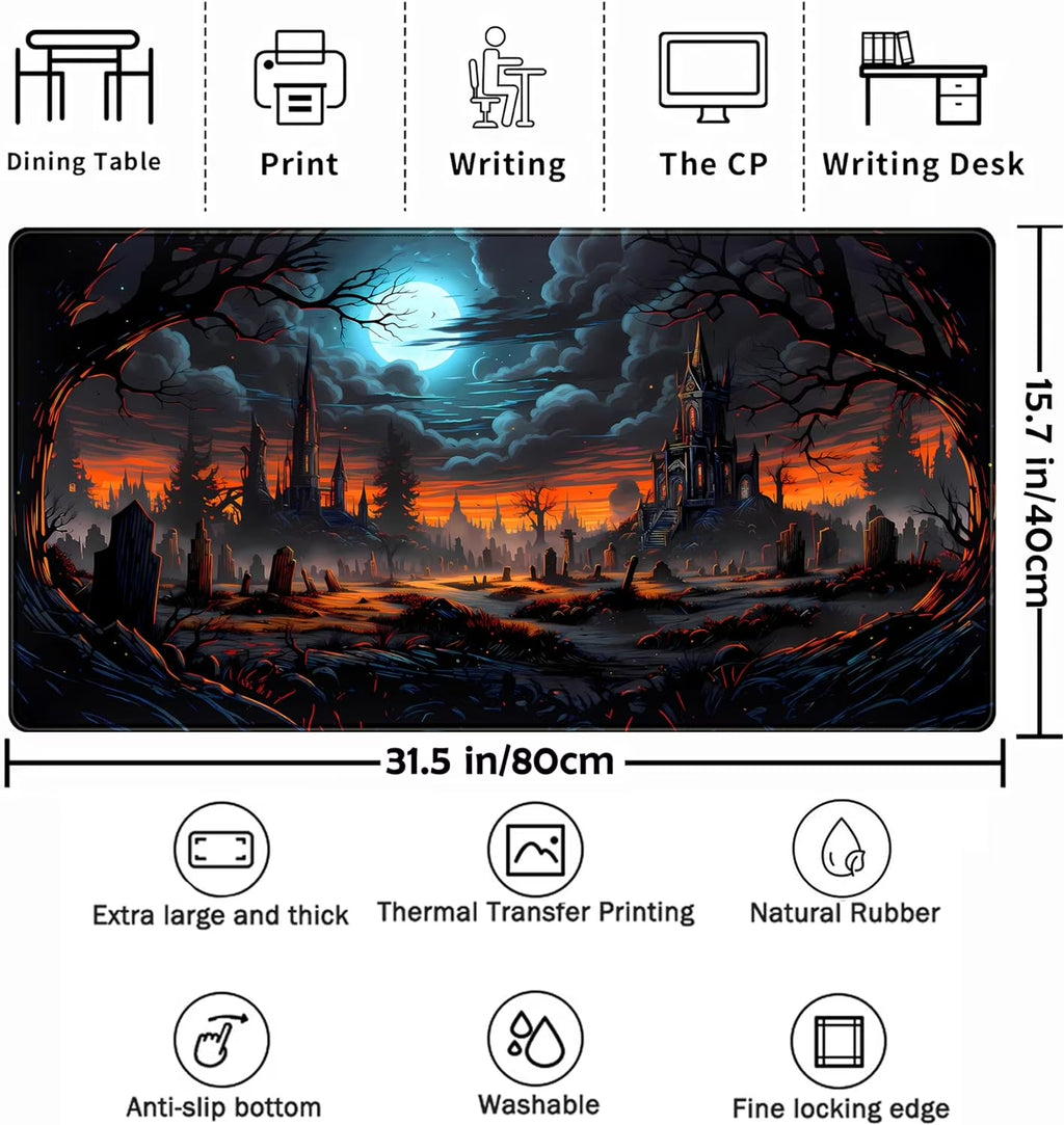 Dark Fantasy Castle Desk Mat Extended Desk Pad Gaming Mouse Pad, XXL Large Computer Laptop Keyboard Mat Wireless Mouse Mat, Office Desk Decor Mousepad Deskmat with Stitched Edges Matt 31.5X15.7 In