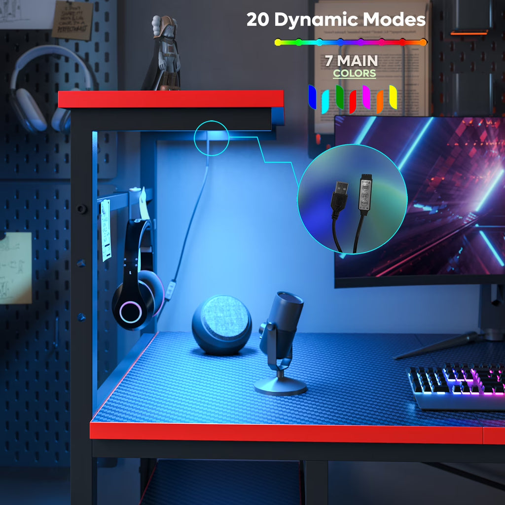 61" Reversible Gaming Desk with PC Shelf Computer Desk with LED Light Carbon Fiber