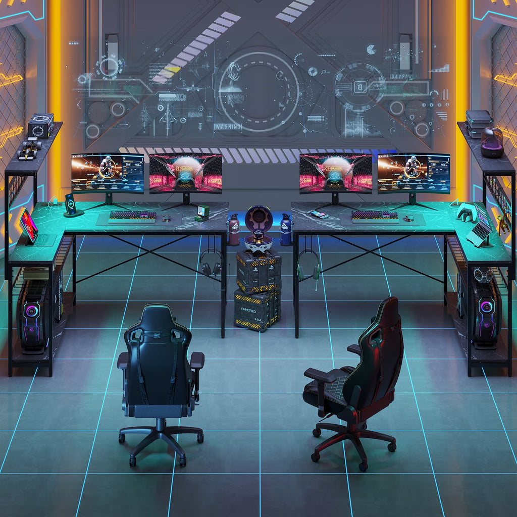 51 L Shaped Gaming Desk with Power Outlets, LED Workstation with 4 Tiers Shelves for Home Office, Gamer Reversible Table with Hooks and Cup Holder, Black Marble