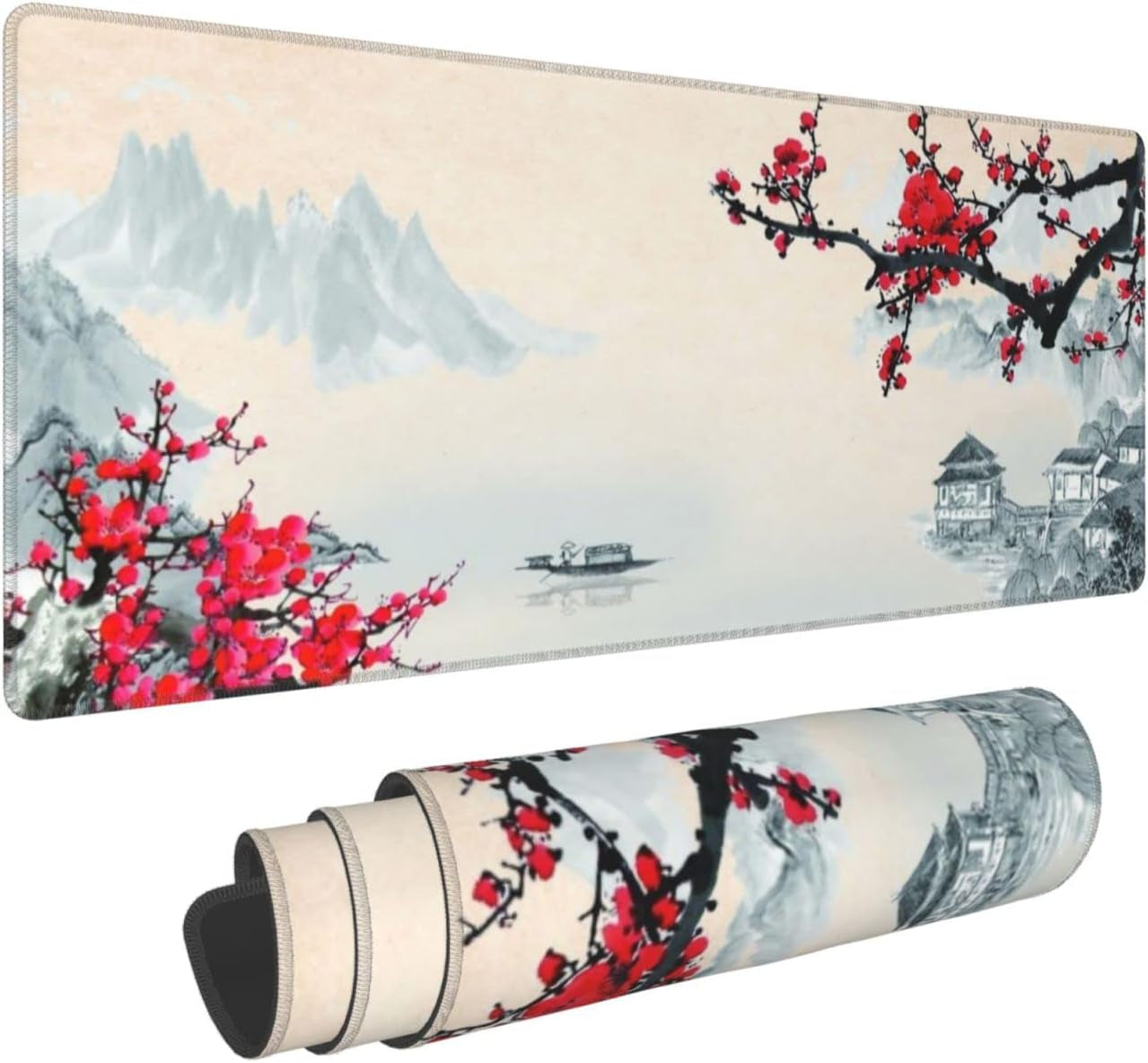 Sakura Watercolour Cherry Blossom Gaming Mouse Pad 31.5×11.8Inch with Stitched Edges Extended Waterproof Desk Pads Non-Slip Rubber Base Large Keyboard Mat Computer Game Mousepad for Work/Office/Home
