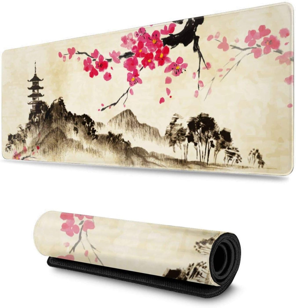 Japanese Watercolor Mountain Gaming Mouse Pad XL, Extended Large Mouse Mat Desk Pad, Stitched Edges Mousepad, Long Rubber Base Mice Pad, 31.5 X 11.8 Inch
