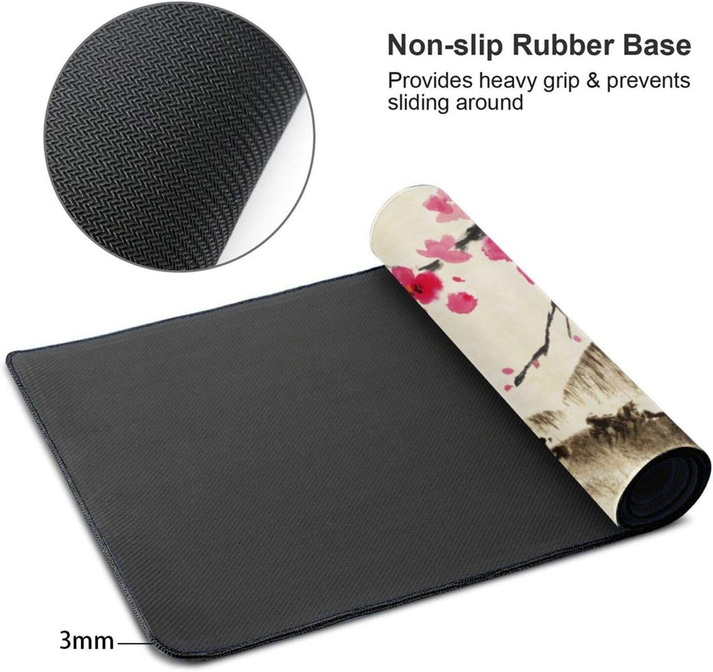Japanese Watercolor Mountain Gaming Mouse Pad XL, Extended Large Mouse Mat Desk Pad, Stitched Edges Mousepad, Long Rubber Base Mice Pad, 31.5 X 11.8 Inch
