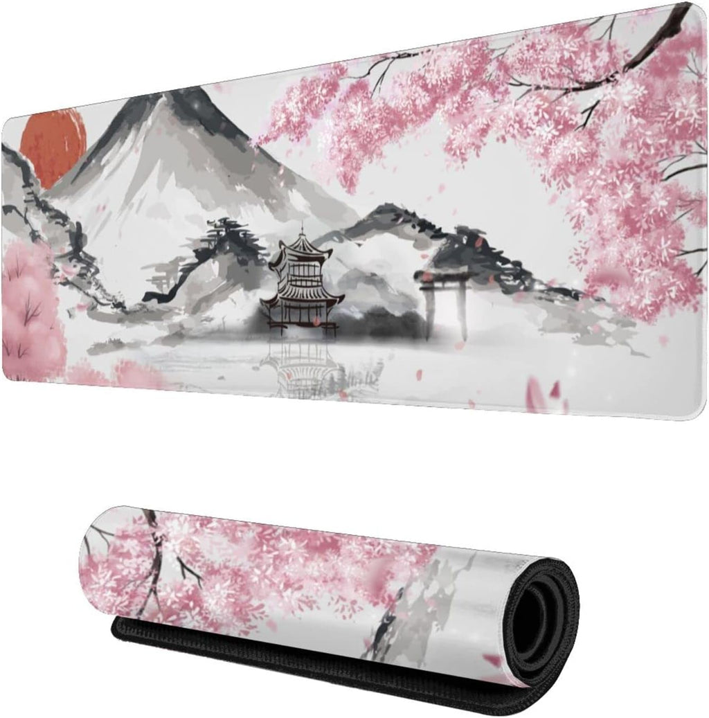 Japanese Mouse Pad Cherry Blossom Gaming Mouse Pad Sakura Extended XL Mousepad Non Slip Stitched Edges Office Desk Pad 31.5 X 11.8 Inch