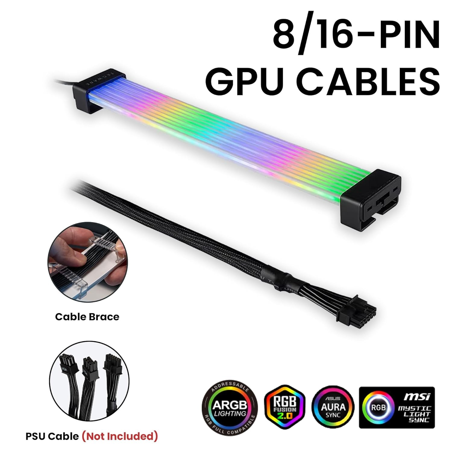 Flex RGB Cable Cover Kit | Compatible with 24-Pin Motherboard and 8-Pin/16-Pin GPU | ARGB PSU Cable Extension with 5V 3-Pin Sync | RGB Lighting Kit for PC Cables | Black