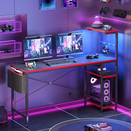61" Reversible Gaming Desk with PC Shelf Computer Desk with LED Light Carbon Fiber