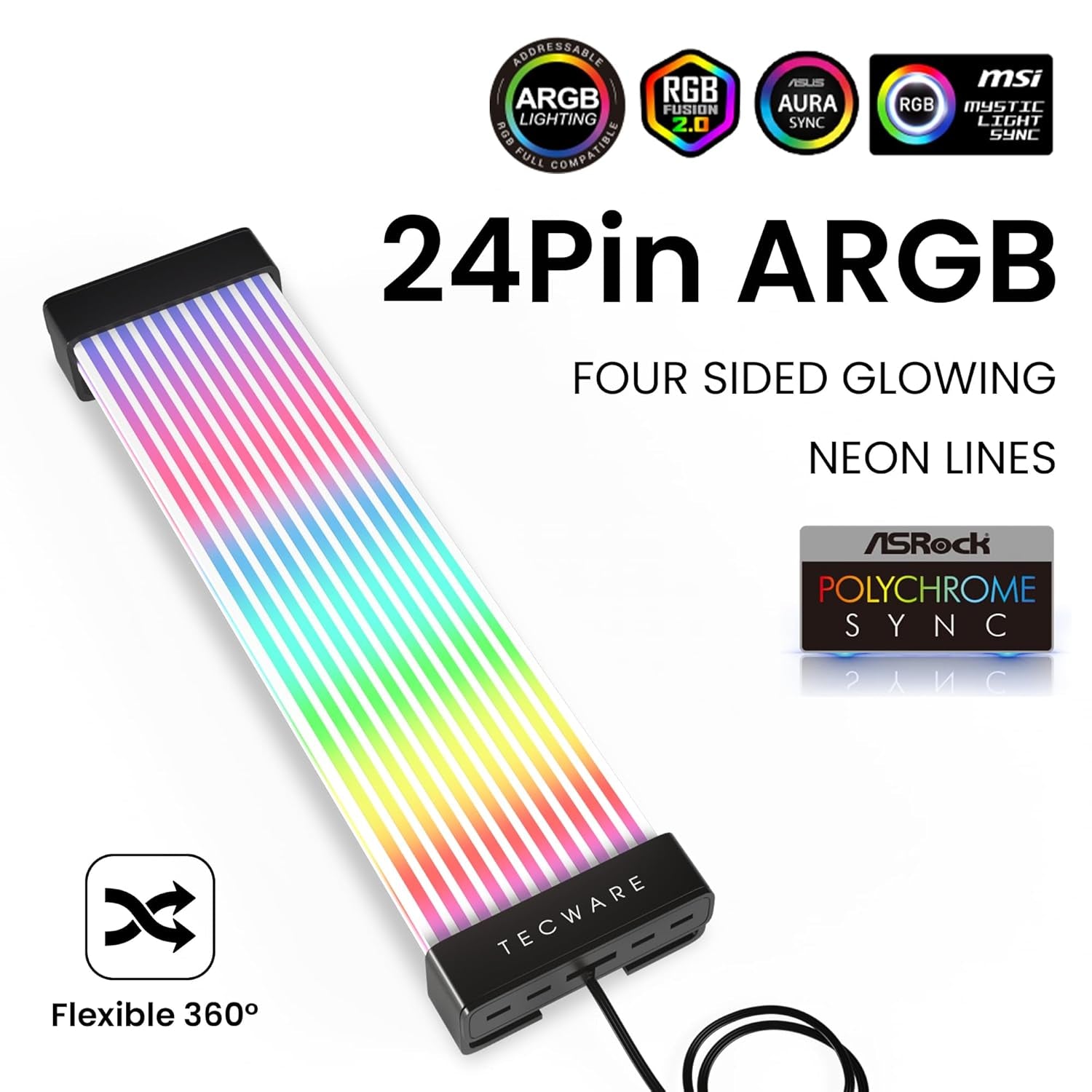 Flex RGB Cable Cover Kit | Compatible with 24-Pin Motherboard and 8-Pin/16-Pin GPU | ARGB PSU Cable Extension with 5V 3-Pin Sync | RGB Lighting Kit for PC Cables | Black