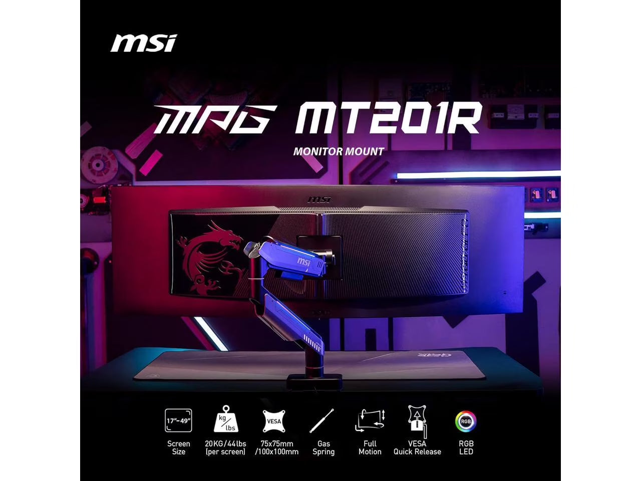 MPG MT201R - Premium RGB Single Monitor Stand Arm, Supports 17-49" Screens and 44 Lbs, VESA Compatible, Adjustable Heavy Duty Gas Spring Mount, Clamp & Grommet, Quick Release Plate - Gray