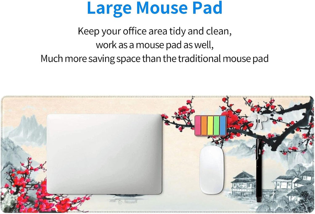 Sakura Watercolour Cherry Blossom Gaming Mouse Pad 31.5×11.8Inch with Stitched Edges Extended Waterproof Desk Pads Non-Slip Rubber Base Large Keyboard Mat Computer Game Mousepad for Work/Office/Home