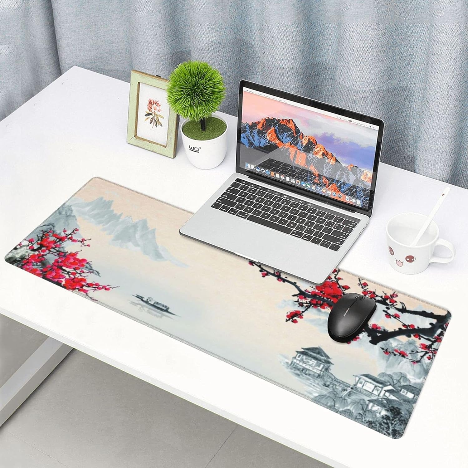 Sakura Watercolour Cherry Blossom Gaming Mouse Pad 31.5×11.8Inch with Stitched Edges Extended Waterproof Desk Pads Non-Slip Rubber Base Large Keyboard Mat Computer Game Mousepad for Work/Office/Home