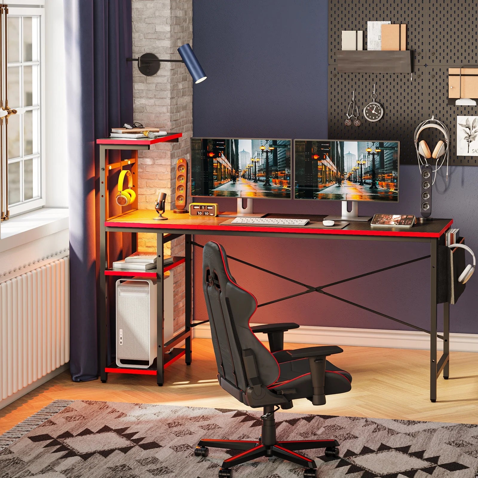 61" Reversible Gaming Desk with PC Shelf Computer Desk with LED Light Carbon Fiber