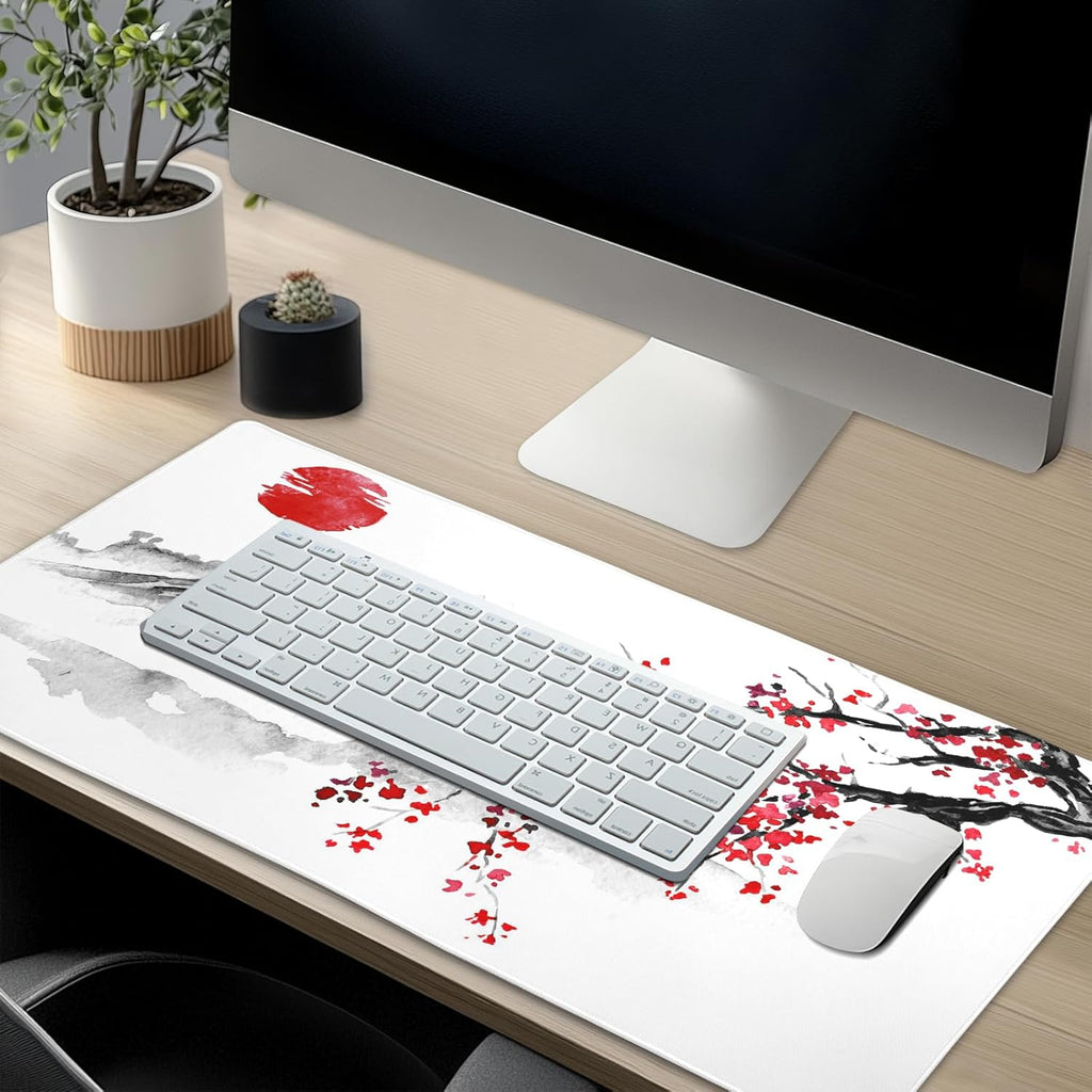 Japanese Cherry Blossom Sakura Large Gaming Mouse Pad 31.5×11.8 Inch XL Extended Waterproof Moudepads Non-Slip Rubber Base Keyboard Mat for Work/Office/Home