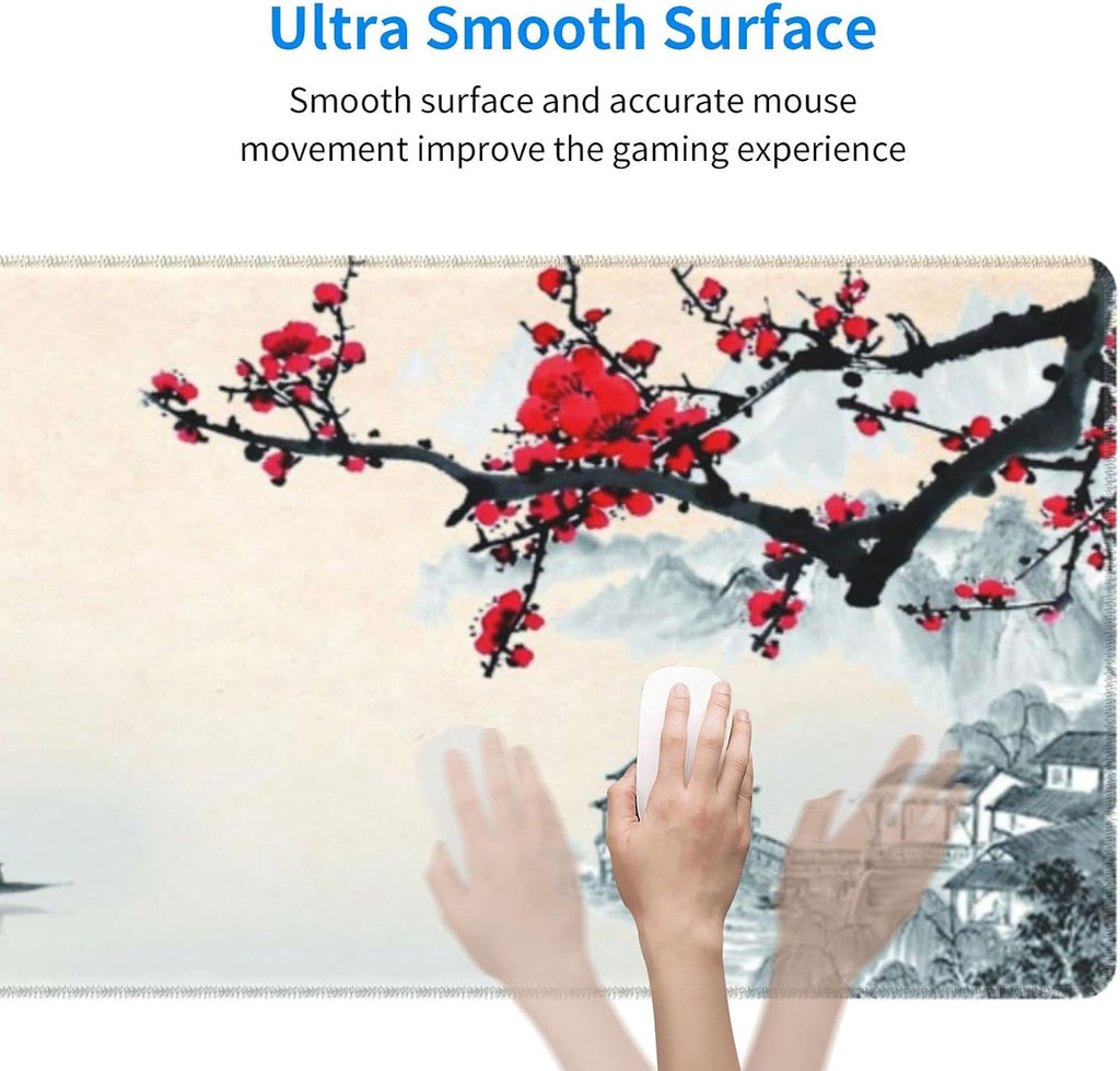 Sakura Watercolour Cherry Blossom Gaming Mouse Pad 31.5×11.8Inch with Stitched Edges Extended Waterproof Desk Pads Non-Slip Rubber Base Large Keyboard Mat Computer Game Mousepad for Work/Office/Home