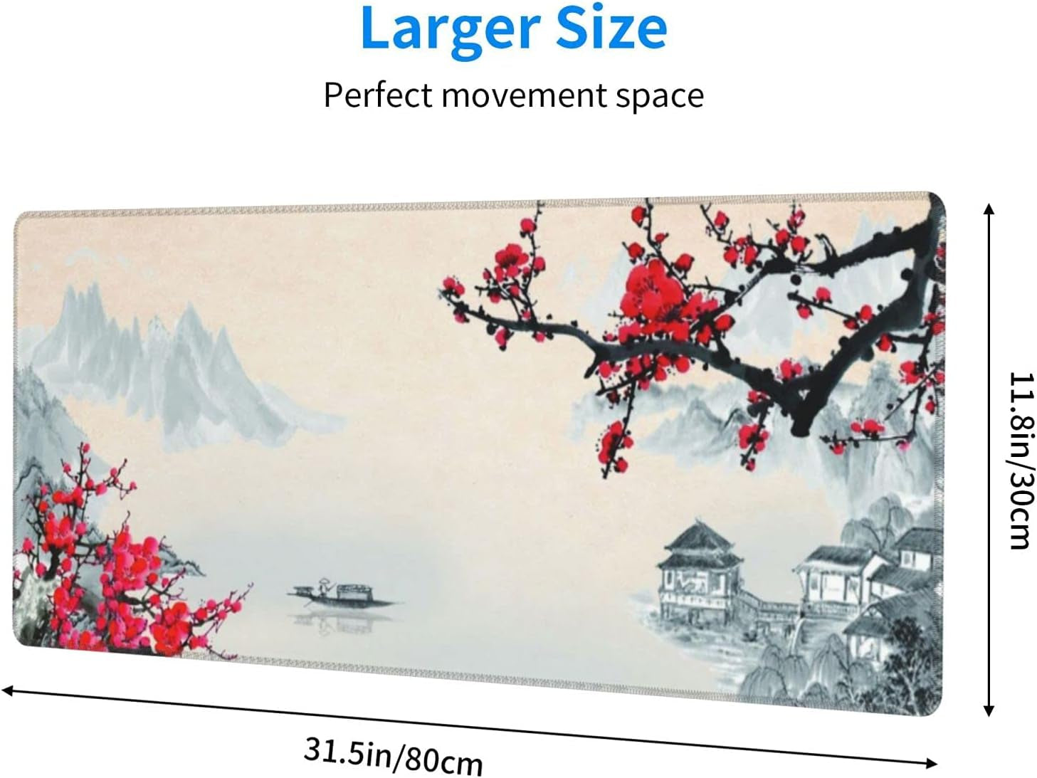 Sakura Watercolour Cherry Blossom Gaming Mouse Pad 31.5×11.8Inch with Stitched Edges Extended Waterproof Desk Pads Non-Slip Rubber Base Large Keyboard Mat Computer Game Mousepad for Work/Office/Home