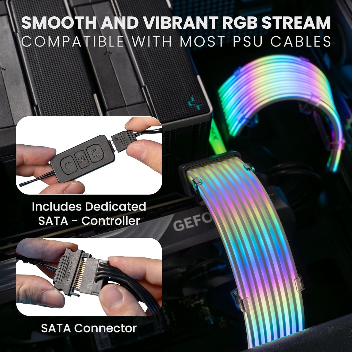 Flex RGB Cable Cover Kit | Compatible with 24-Pin Motherboard and 8-Pin/16-Pin GPU | ARGB PSU Cable Extension with 5V 3-Pin Sync | RGB Lighting Kit for PC Cables | Black